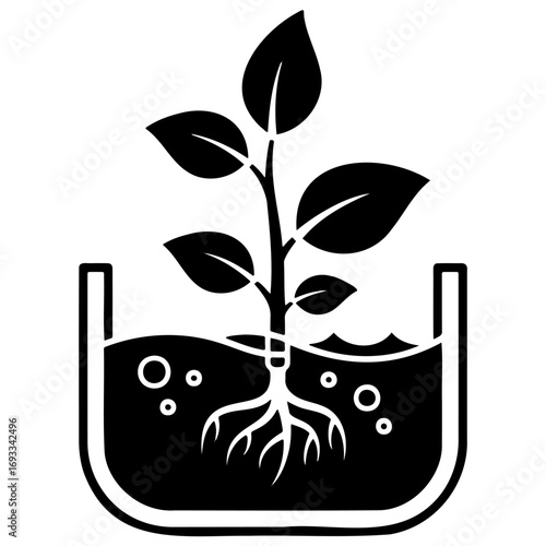 Hydroponic seedling growing in water, flat monochrome vector icon. Indoor farming, soilless cultivation technology. Modern agriculture.