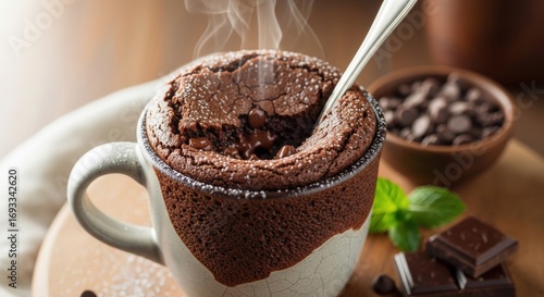 Decadent Steaming Chocolate Mug Cake with Rich Dark Chocolate Chunks and Fresh Mint