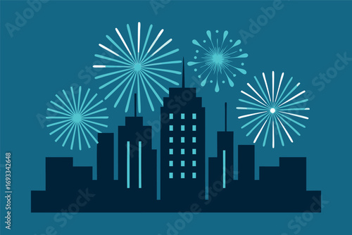 City Skyline Silhouette with Fireworks Display Celebrating New Year s Eve or Independence Day Celebration Background Illustration Graphic