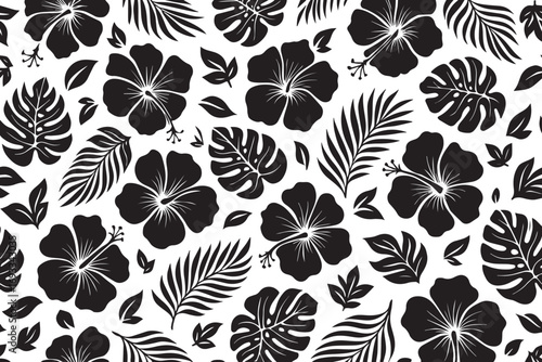 Monochromatic black and white tropical floral pattern with hibiscus flowers and monstera leaves