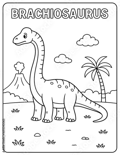 Brachiosaurus coloring page with volcano, palm tree, and clouds in black and white