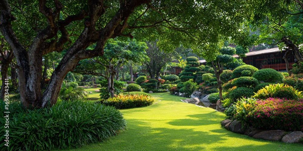 Obraz premium Beautiful landscape design. Garden, grass, flowers, park, nature, naturalness. Popular image for designers.