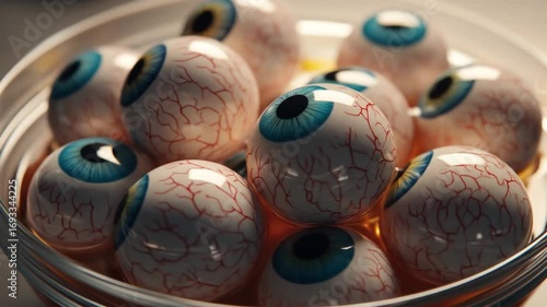 Bowl of eyeballs white spheres with colorful irises  red veins submerged in a yellow liquid within a glass bowl