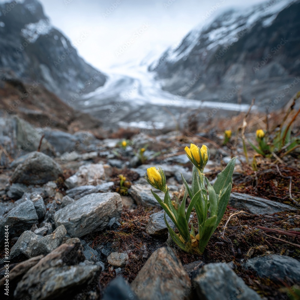 Obraz premium Vibrant flowers bloom in a serene, glacial landscape.