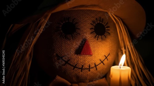 Burlap scarecrow with stitched face hat hair illuminated by a candle in darkness