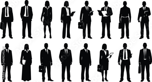Business people silhouettes in formal wear standing and working with briefcases and tablets, office team concept, flat vector illustration