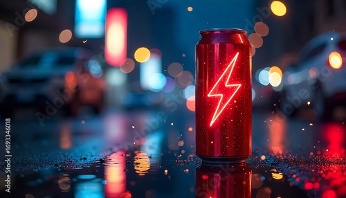 Vibrant red energy drink can with neon lightning bolt glows on wet street at night