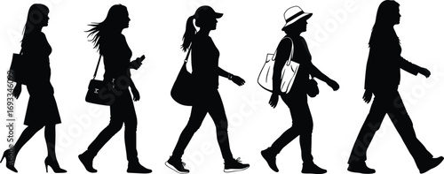 Silhouettes of walking women in casual and stylish outfits, carrying bags, walking forward, side view, modern lifestyle, vector illustration