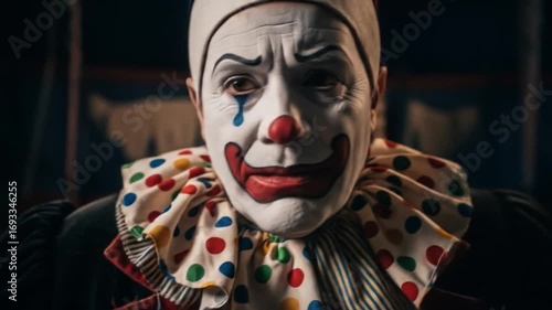 Closeup of a sadfaced clown in colorful costume circus tent backdrop