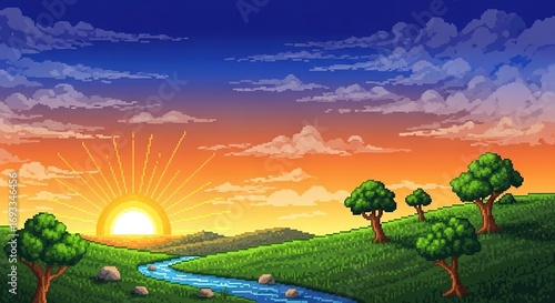 Pixelated Sunrise Over Green Hills with Winding River and Scatte