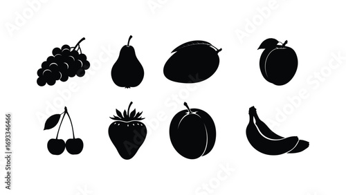 Black fruit silhouettes vector illustration of healthy food like grapes banana cherry