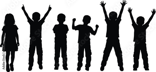 Silhouette of happy children jumping and celebrating, boys and girls playing together, energetic kids, fun childhood moments, flat vector illustration
