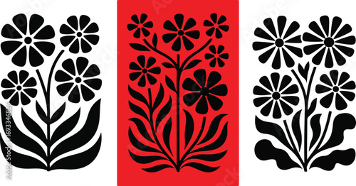Three floral arrangements in black and white and red color scheme
