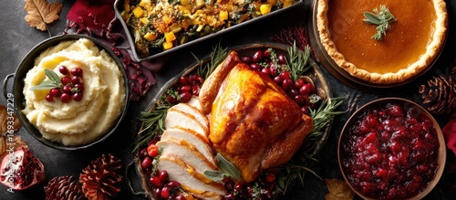 Festive holiday dinner spread with turkey, mashed potatoes, pie, and cranberry sauce