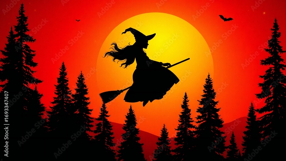 Fototapeta premium Silhouette of a witch flying on a broomstick against a large full moon