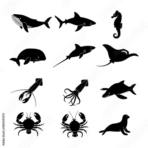 Silhouette collection of marine animals including whales sharks seahorse and crustaceans displayed on white
