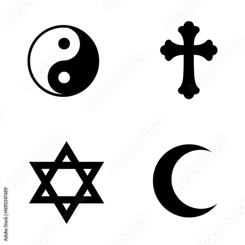 Four religious symbols in black and white including yin yang cross star of david and crescent moon icons