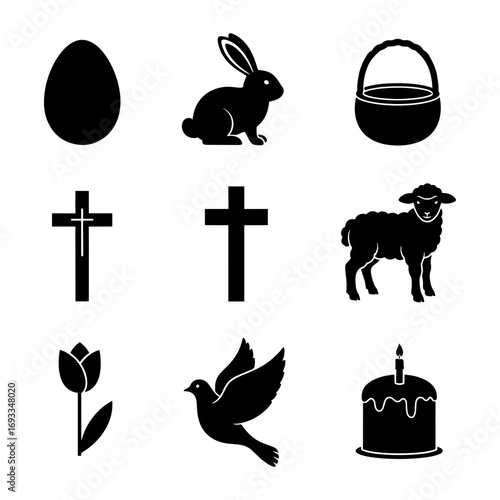 Black silhouette easter icons including egg, bunny, basket, cross, lamb, dove, tulip and cake design