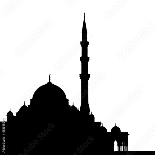 mosque silhouette with minaret isolated on white background  
