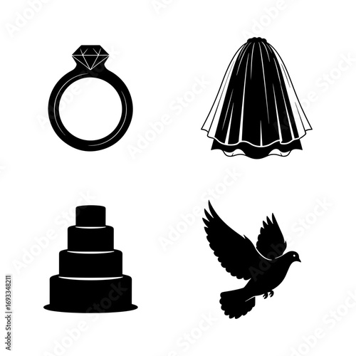Four wedding related icons including a ring cake veil and dove in a simple black and white design