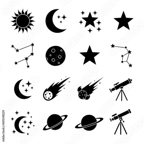 Collection of astronomy themed icons including sun moon stars comets planets constellations and telescopes