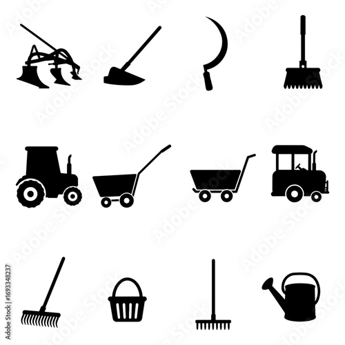 Illustration of farming equipment including a plow tractor rake and other agricultural tools in black