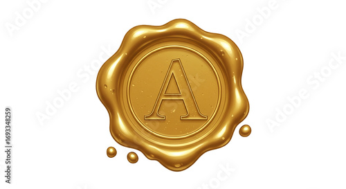 vector gold wax seal with letter A isolated on white background, monogram design for vintage branding, luxury emblem, and certification