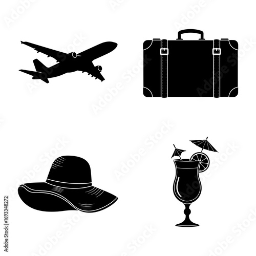 Black and white travel icons featuring airplane suitcase hat and cocktail in a simple graphic design