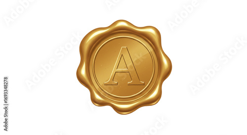 vector gold wax seal with letter A isolated on white background, monogram design for vintage branding, luxury emblem, and certification