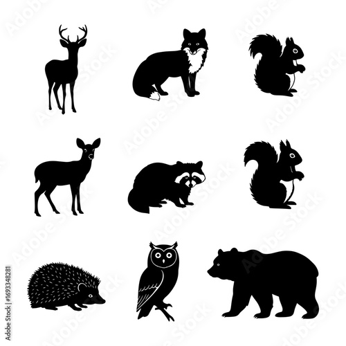 Silhouette illustration featuring a diverse collection of woodland animals in a simple black and white style