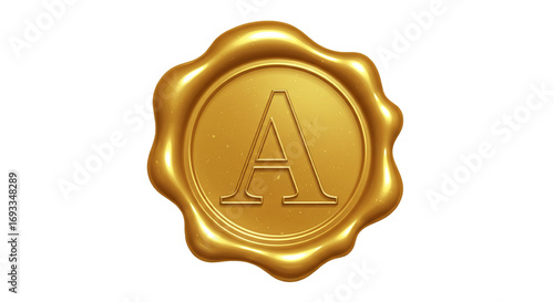 vector gold wax seal with letter A isolated on white background, monogram design for vintage branding, luxury emblem, and certification