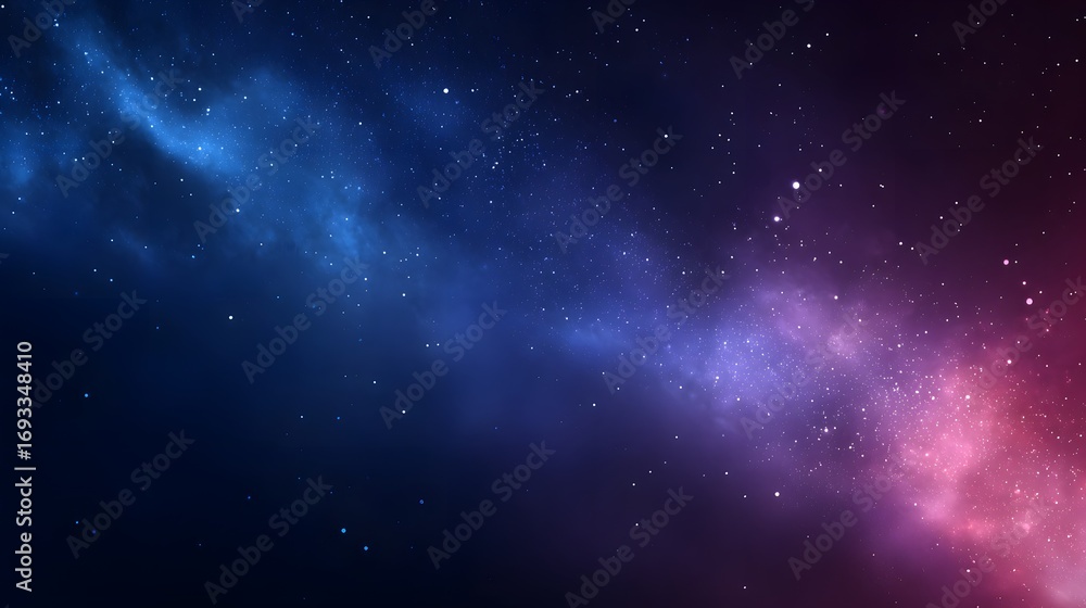 Naklejka premium A vast expanse of space, streaked with vibrant nebulae, showcasing the interplay of deep blues and soft pinks, studded with countless distant stars.