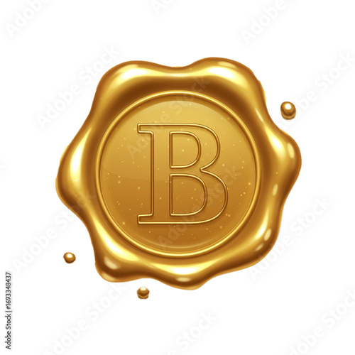 vector gold wax seal with letter B isolated on white background, luxury monogram emblem for branding, certification, and vintage design