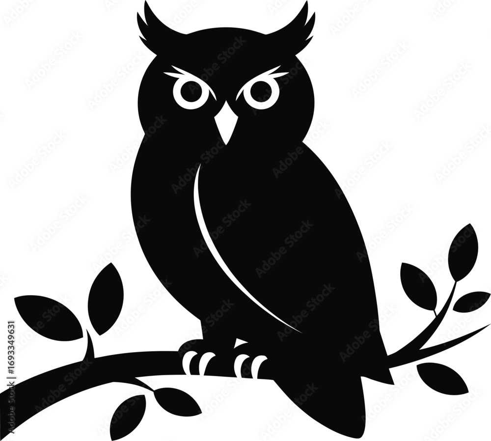 Fototapeta premium Black owl perched on a branch silhouette bird