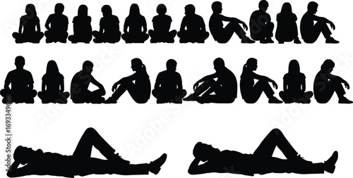Silhouettes of People Sitting and Lying Down – Vector Illustration for Relaxation, Leisure, Resting Poses, Meditation, and Casual Lifestyle Concepts