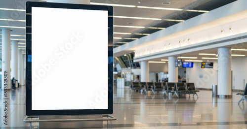 Blank advertising billboard mockup in modern airport terminal for travel marketing campaign