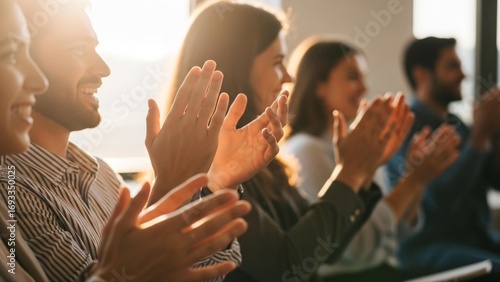 Happy diverse group applauding enthusiastically in bright room