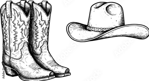 Cowboy boots and western hat. Vector graphic hand drawn illustration rodeo cowboy clothes isolated on white for print or design
