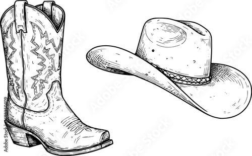 Cowboy boots and western hat. Vector graphic hand drawn illustration rodeo cowboy clothes isolated on white for print or design
