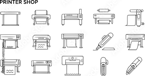 Printer line icon set. Large format printing, plotter, scanner, cutting machine minimal vector illustrations. Simple outline signs for printshop. Editable ..