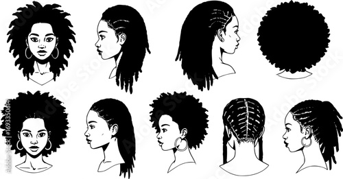 Set of female afro hairstyles. Collection of dreads and afro braids for a girl. Black and white illustration for a hairdrymaker.

