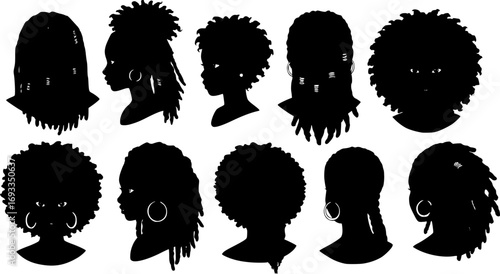 Set of female afro hairstyles. Collection of dreads and afro braids for a girl. Black and white illustration for a hairdrymaker.
