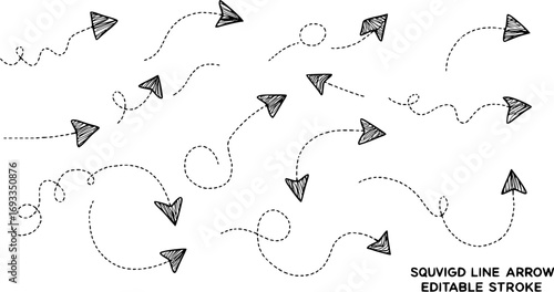 Set of squiggle line dashed arrows. Dash curved vector editable stroke arrows
