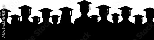 Silhouettes of students with graduate caps in a row isolated on white panoramic background. Class of 2025 2026 graduation ceremony at university web banner