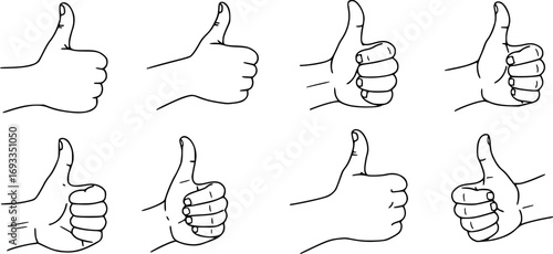 set of Hand position with gesture of pointing thumb up. Success concept in sign language. Vector illustration in outline style isolated on white background.