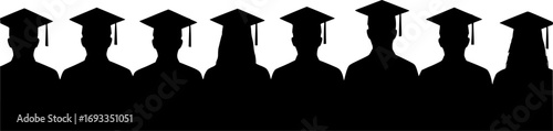 Silhouettes of students with graduate caps in a row isolated on white panoramic background. Class of 2025 2026 graduation ceremony at university web banner