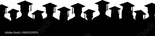 Silhouettes of students with graduate caps in a row isolated on white panoramic background. Class of 2025 2026 graduation ceremony at university web banner