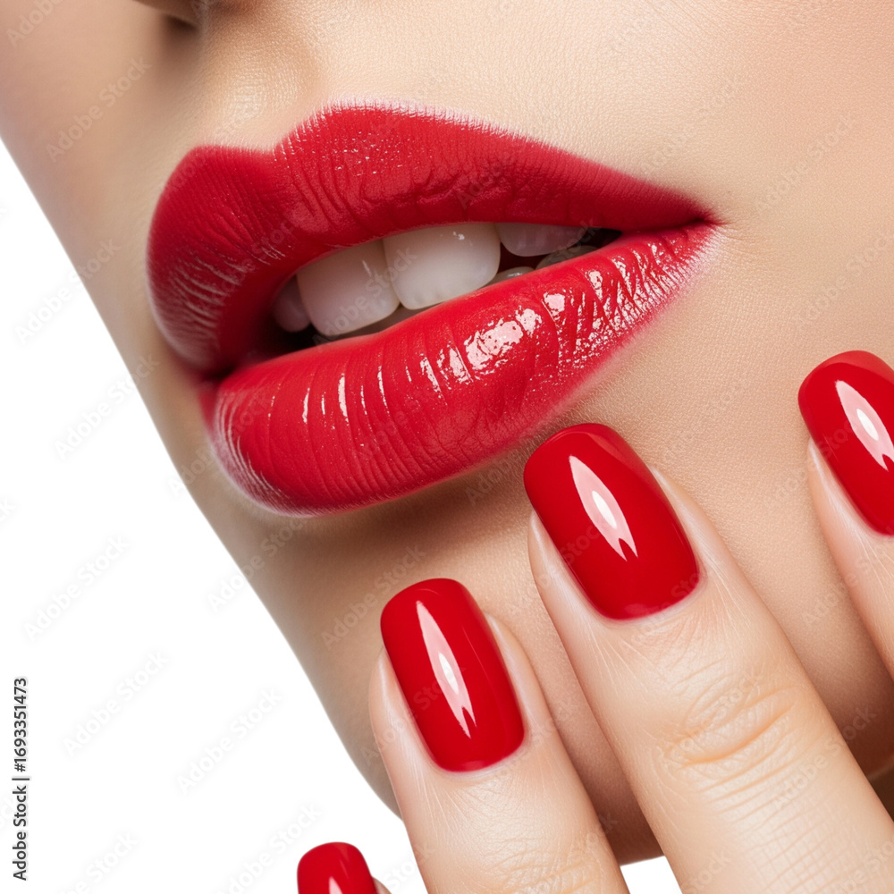 Naklejka premium Stunning red lips pout with matching glossy nails exuding confidence and glamour perfect for beauty campaigns and fashion editorials
