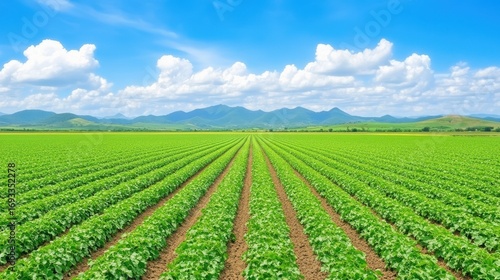 Agriculture field crops landscape rural nature outdoors. Farmland with green crops and nature. Rural landscape, agriculture field and green outdoors, countryside farmland, panoramic environment.