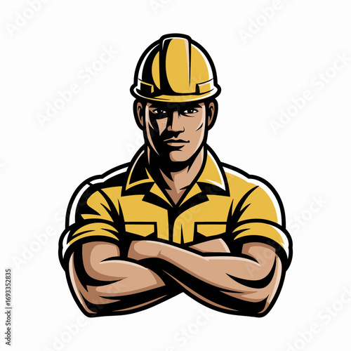 Construction Worker Icon – Strong Builder in Hard Hat Vector Illustration
